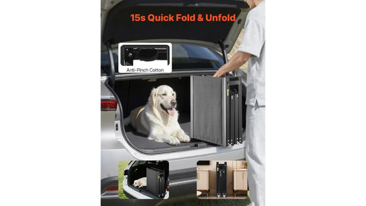 Owner lifting the 17.6 lb heavy duty dog ramp for SUV trips with one hand.