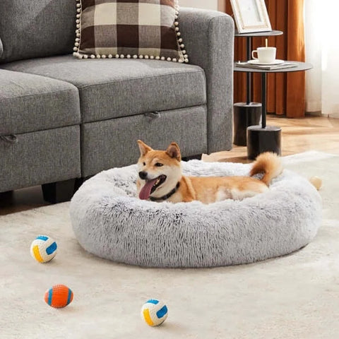Calm-Cloud™ plush donut dog bed for senior dogs in grey with high bolster walls