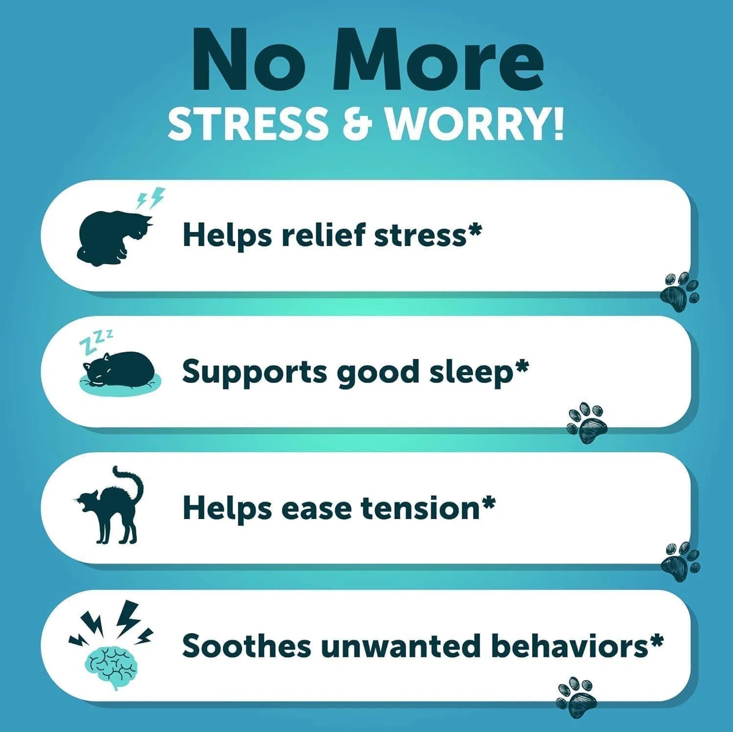 No More Stress & Worry graphic highlighting benefits like relief from stress, supporting sleep, and easing tension for pets.