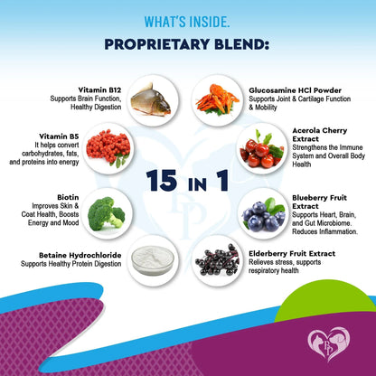 Multivitamin for dogs and cats proprietary blend — elderberry, blueberry, acerola cherry, betaine HCl
