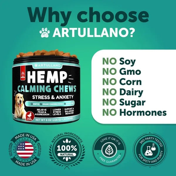 Calming chews for dogs with no soy, no GMO, no corn, no dairy, no sugar, no hormones
