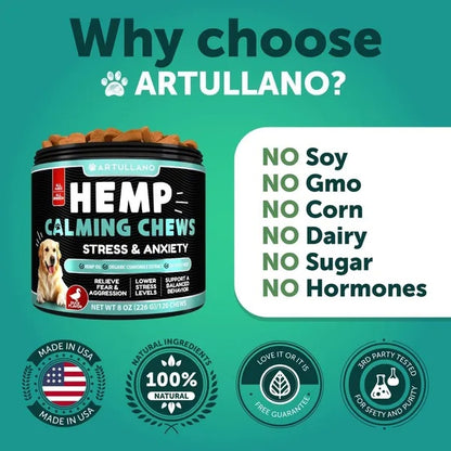Calming chews for dogs with no soy, no GMO, no corn, no dairy, no sugar, no hormones