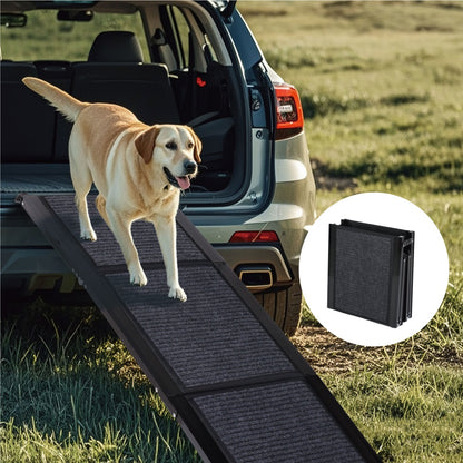 Dog walking up an extra long dog ramp for truck access on a paved driveway