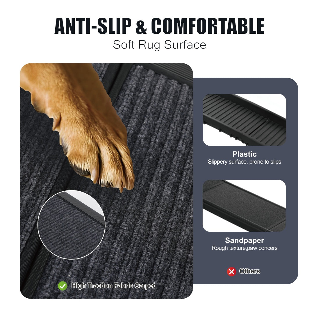 Anti-slip and comfortable high-traction surface on an extra long dog ramp for truck safety