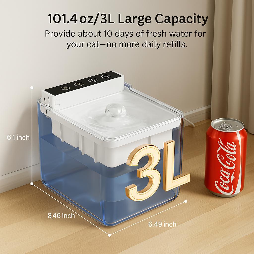 Size chart showing the 3-liter (101 oz) capacity of the fountain, capable of providing 10 days of fresh water for a cat