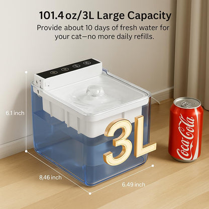 Size chart showing the 3-liter (101 oz) capacity of the fountain, capable of providing 10 days of fresh water for a cat