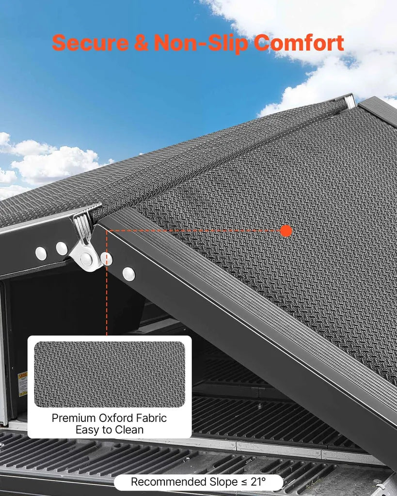 Close up of the felt grip on a foldable aluminum dog ramp for high traction.	