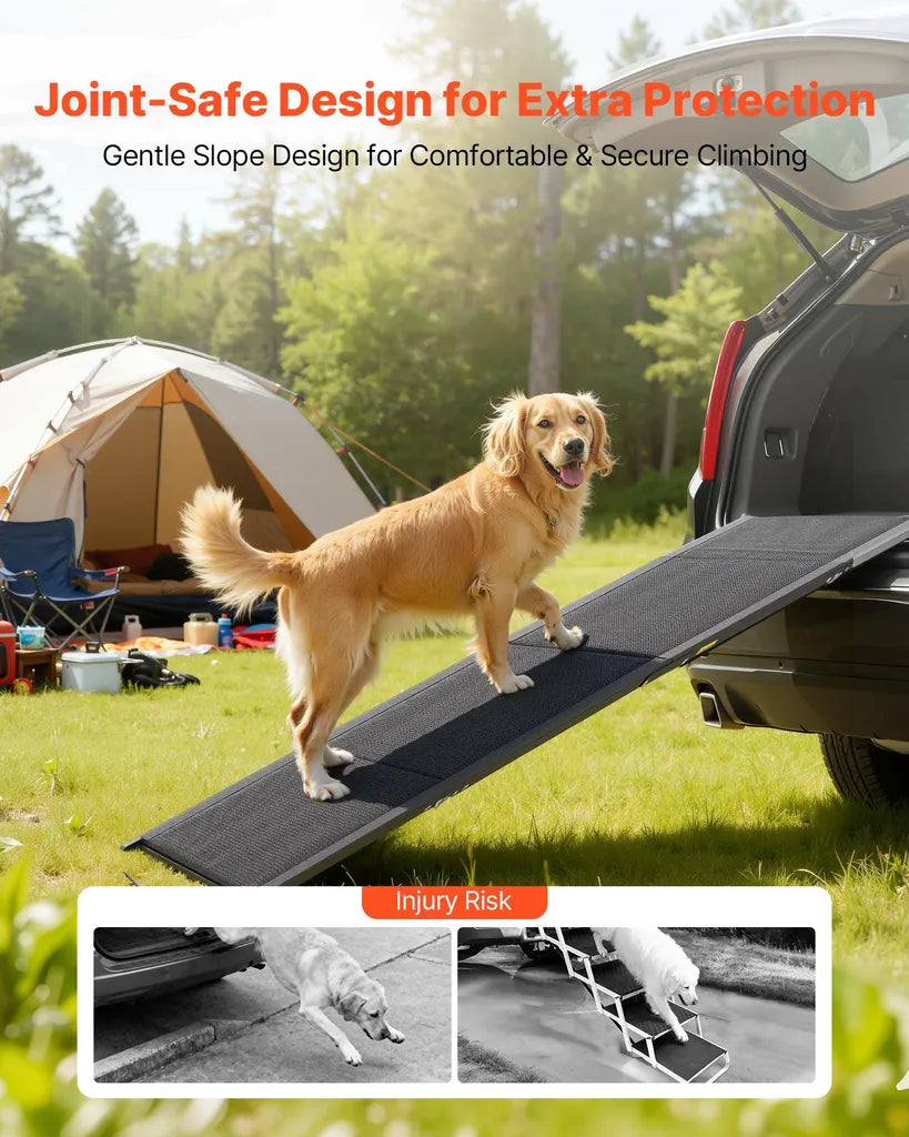 Wagisk Pro-Travel heavy duty dog ramp for SUV owners folded behind a car seat.	