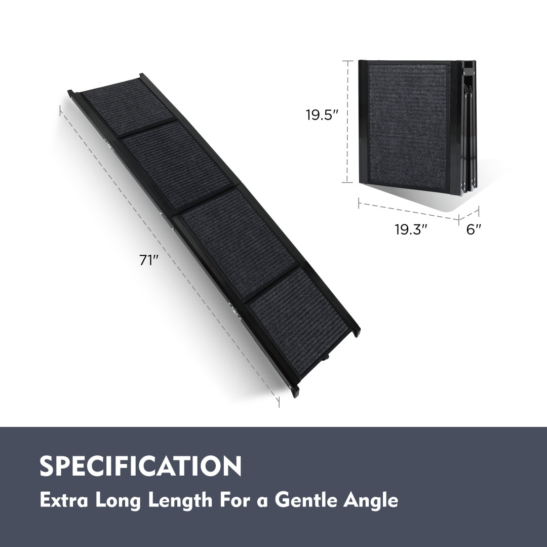 Measurement details and folding size for an extra long dog ramp for truck portability