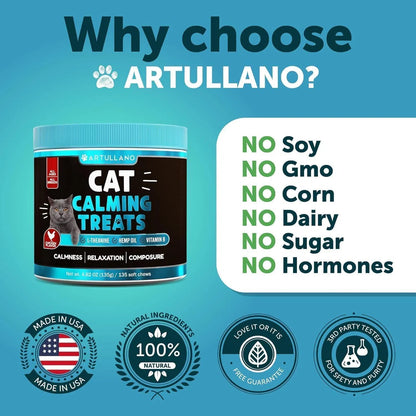 Hemp calming chews for cats - Artullano cat calming treats with no soy, gmo, corn, dairy, sugar, or hormones.