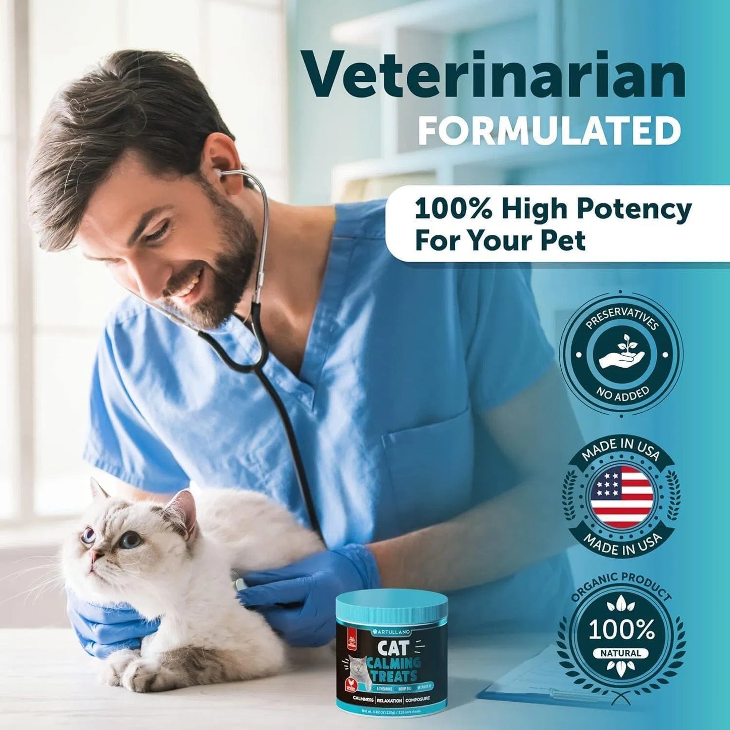 Veterinarian examining a cat while promoting hemp calming chews for cats with high potency and organic ingredients.