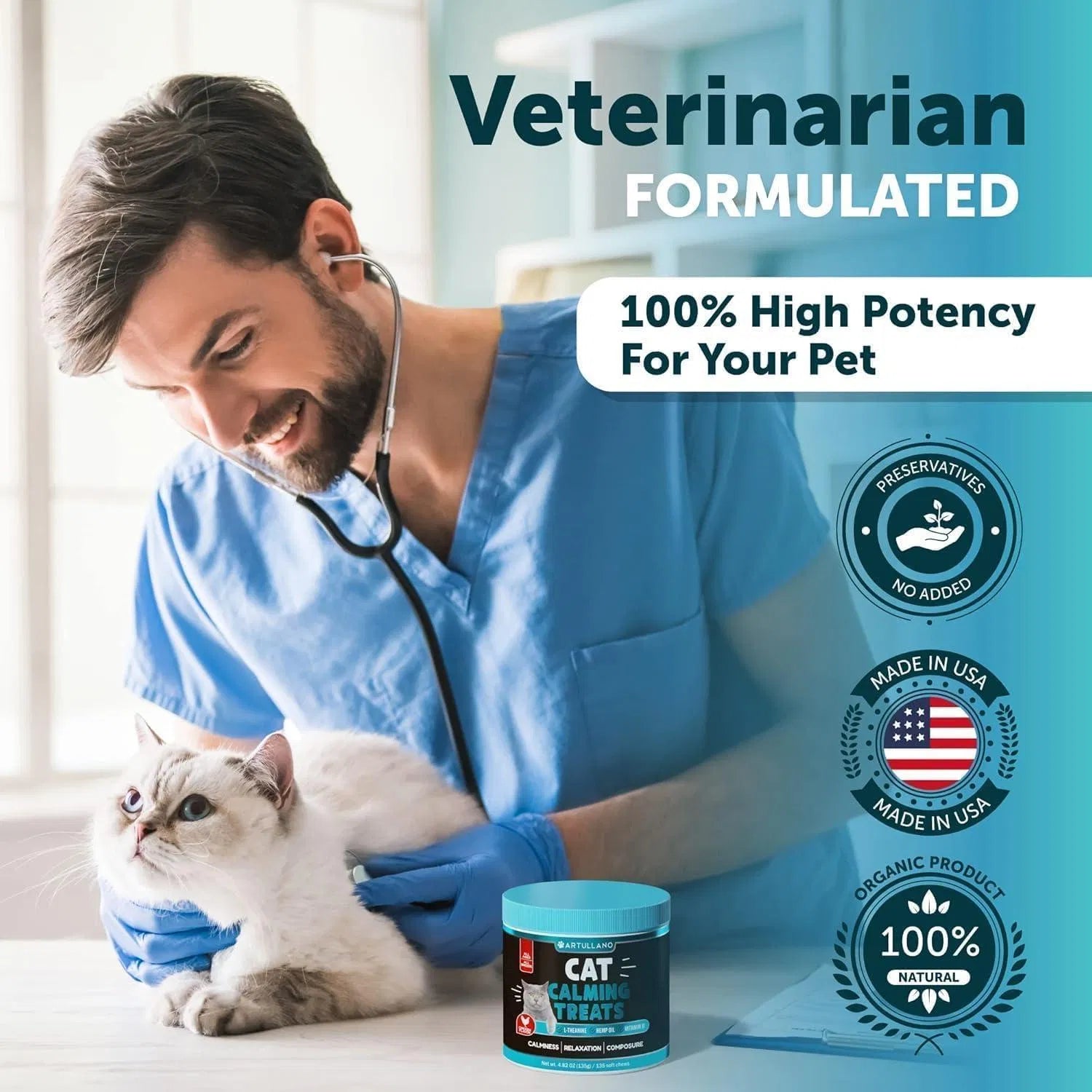 Veterinarian examining a cat while promoting hemp calming chews for cats with high potency and organic ingredients.