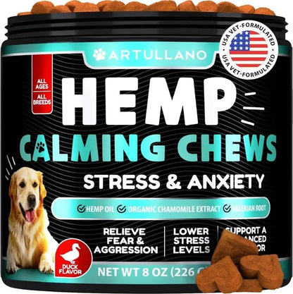 Artullano Hemp Calming Chews for Dogs — 120 duck-flavored treats for stress and anxiety relief