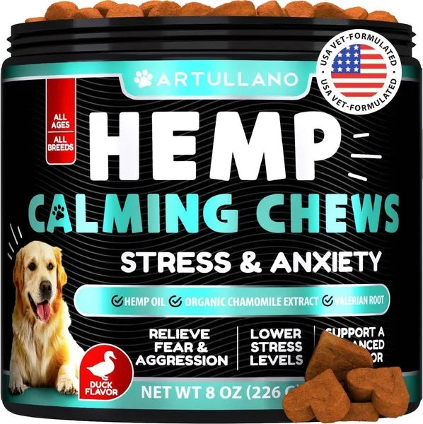 Artullano hemp calming chews for dogs label — 520mg hemp seed oil per serving, dosage chart by weight