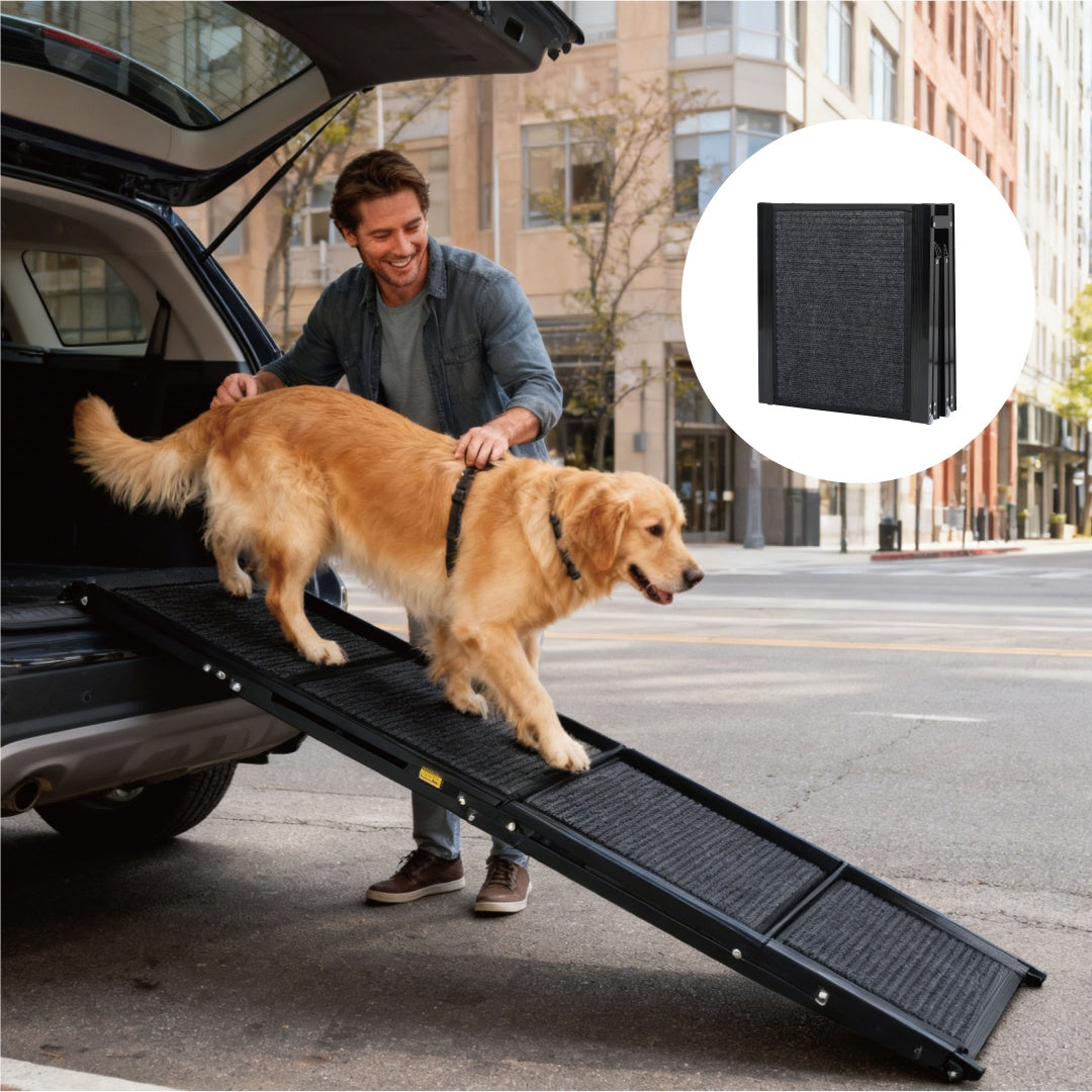 Golden Retriever using a Wagisk extra long dog ramp for truck access with a gentle slope