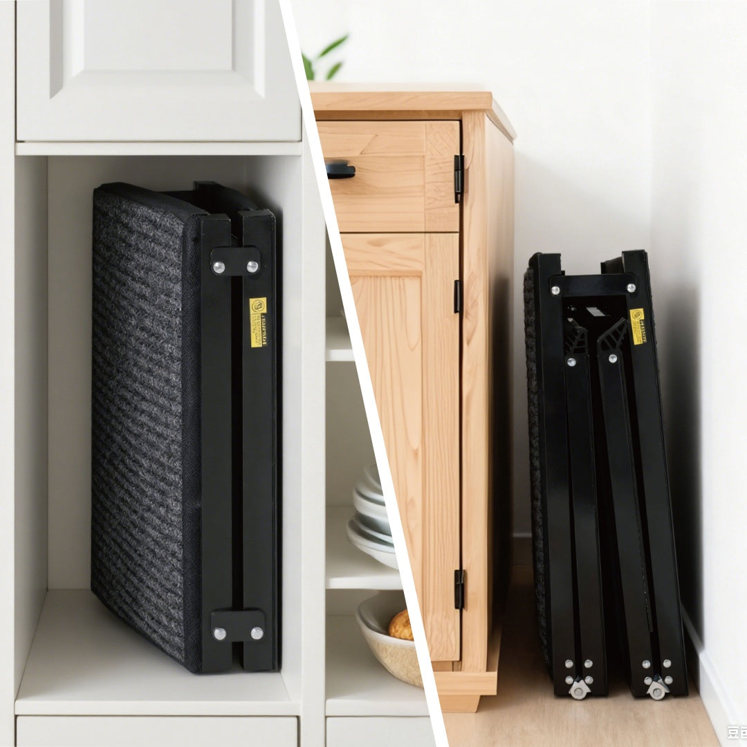 Compact folding design of an extra long dog ramp for truck storage in a home or vehicle