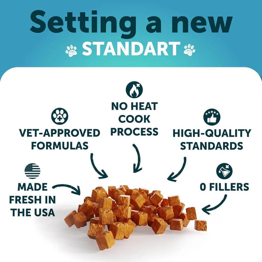 hemp calming chews for cats — made in USA, 3rd party tested, natural ingredients badges