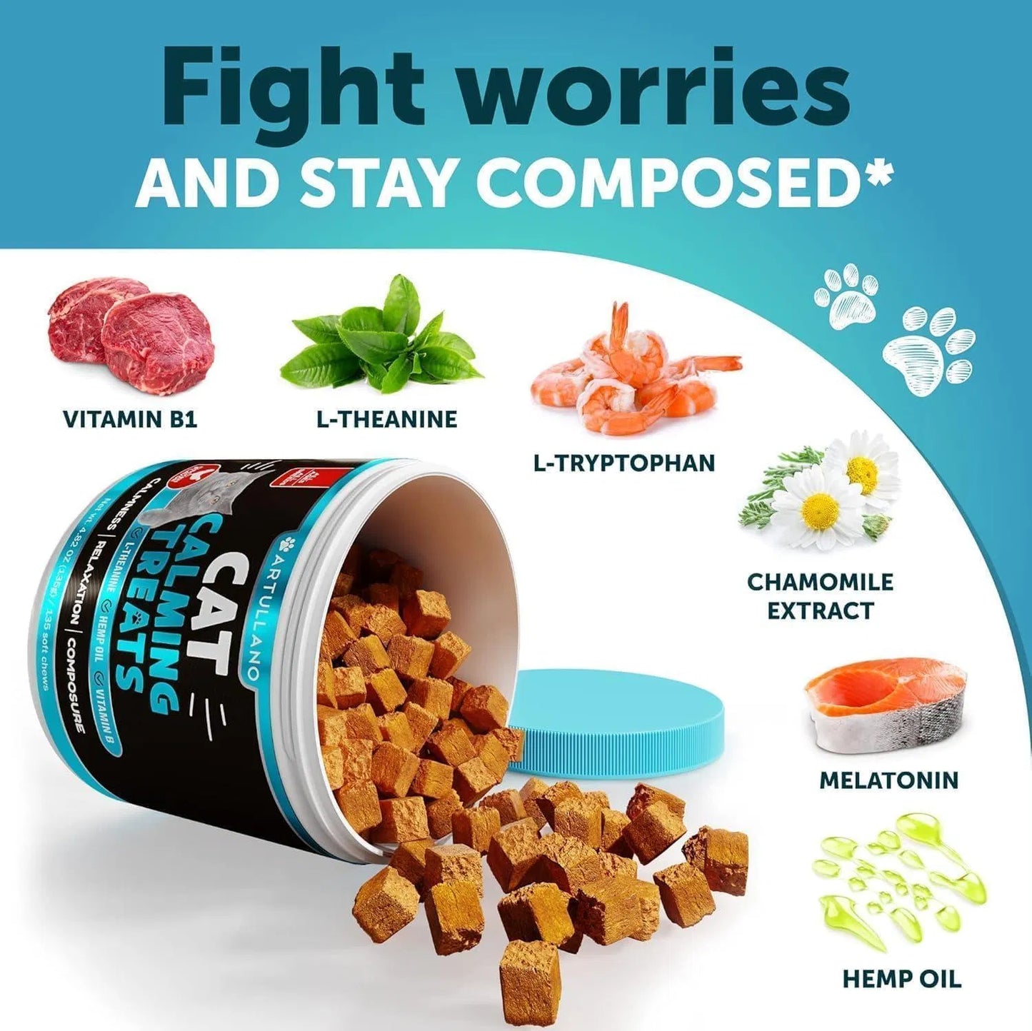 Hemp calming chews for cats in a container with ingredients like vitamin B1, L-theanine, and melatonin.