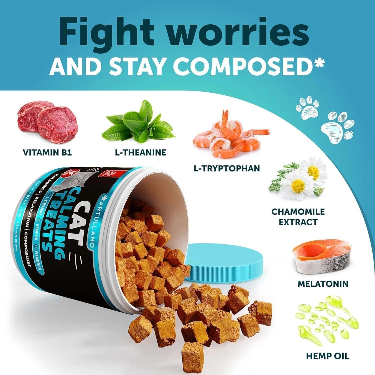Hemp calming chews for cats in a container with ingredients like vitamin B1, L-theanine, and melatonin.