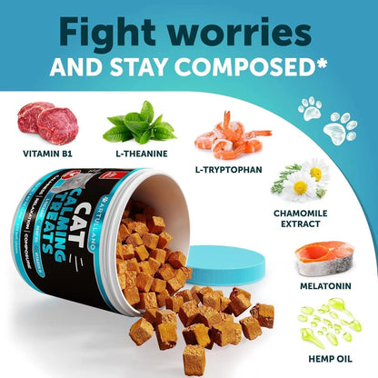 Hemp calming chews for cats in a container with ingredients like vitamin B1, L-theanine, and melatonin.