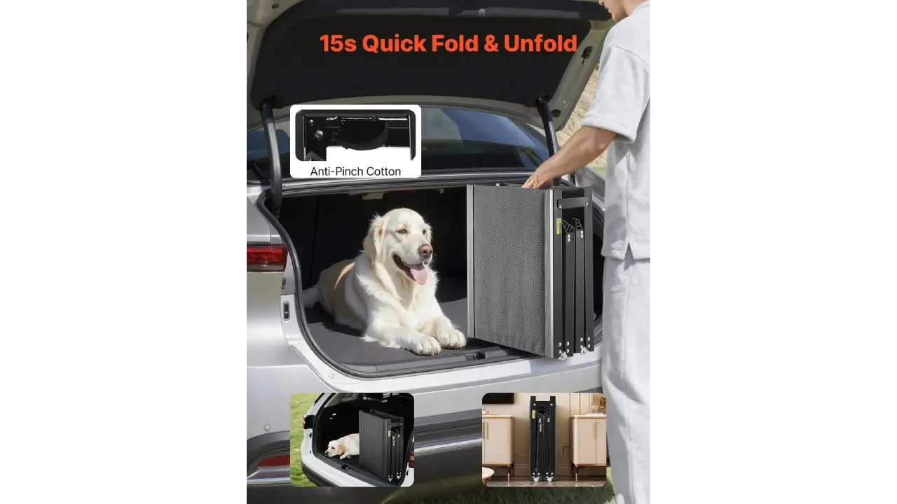 Owner lifting the 17.6 lb heavy duty dog ramp for SUV trips with one hand.