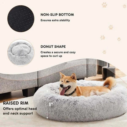 Dotted non-slip base on the Calm-Cloud™ plush donut dog bed for senior dogs — hardwood floor stability