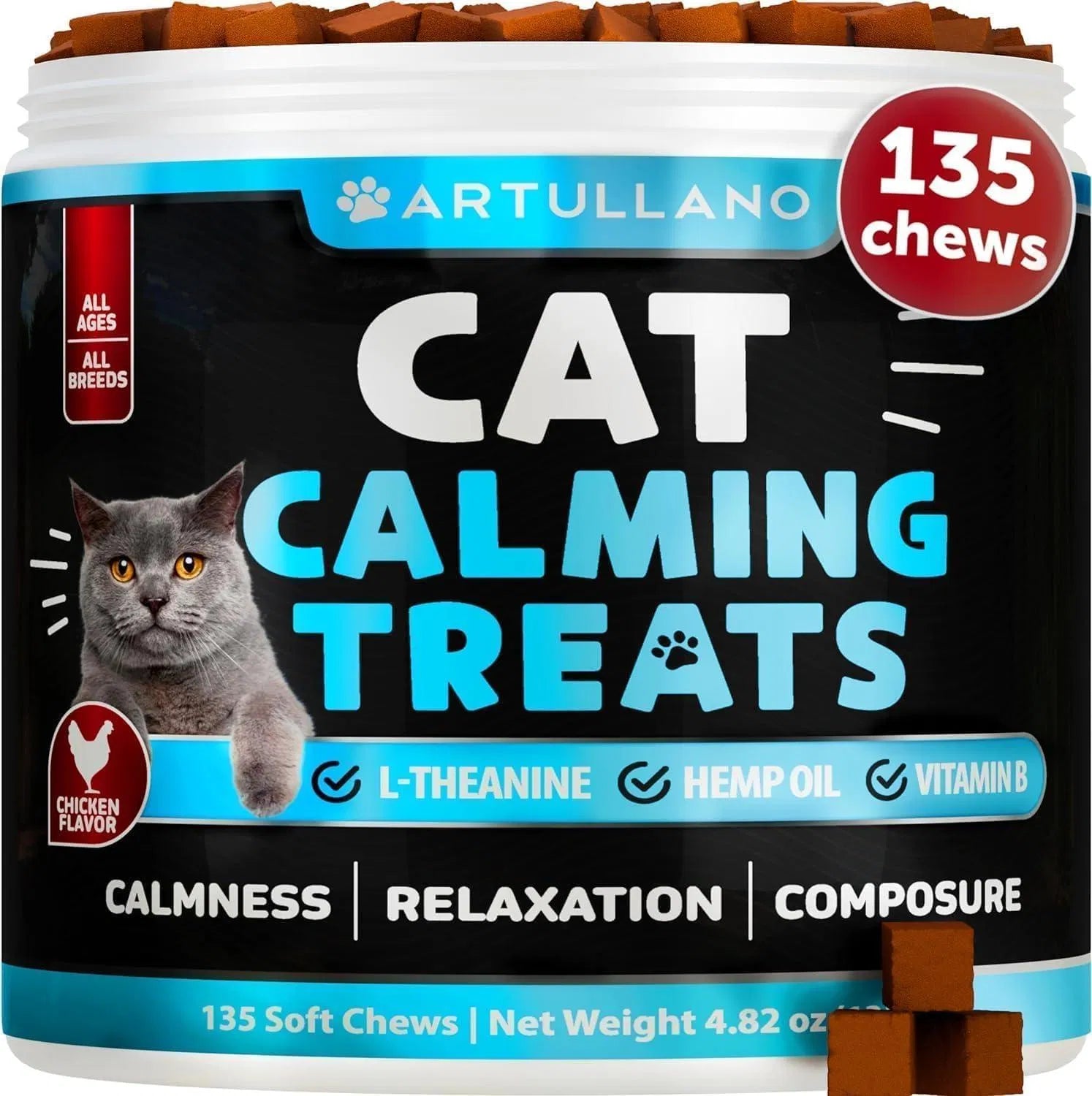 Hemp calming chews for cats — Artullano brand with chicken flavor in a 135 chews container for calmness and relaxation.