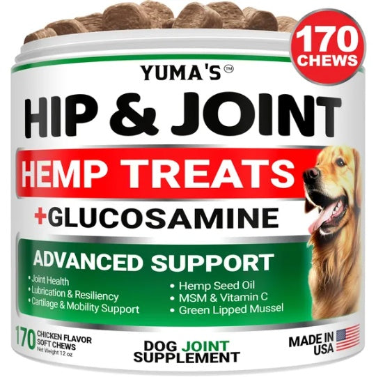 glucosamine chews for dogs - Yuma's hip and joint hemp treats 170 soft chews jar