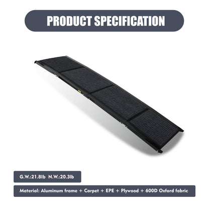 Technical product specifications for a heavy-duty extra long dog ramp for truck and SUV use