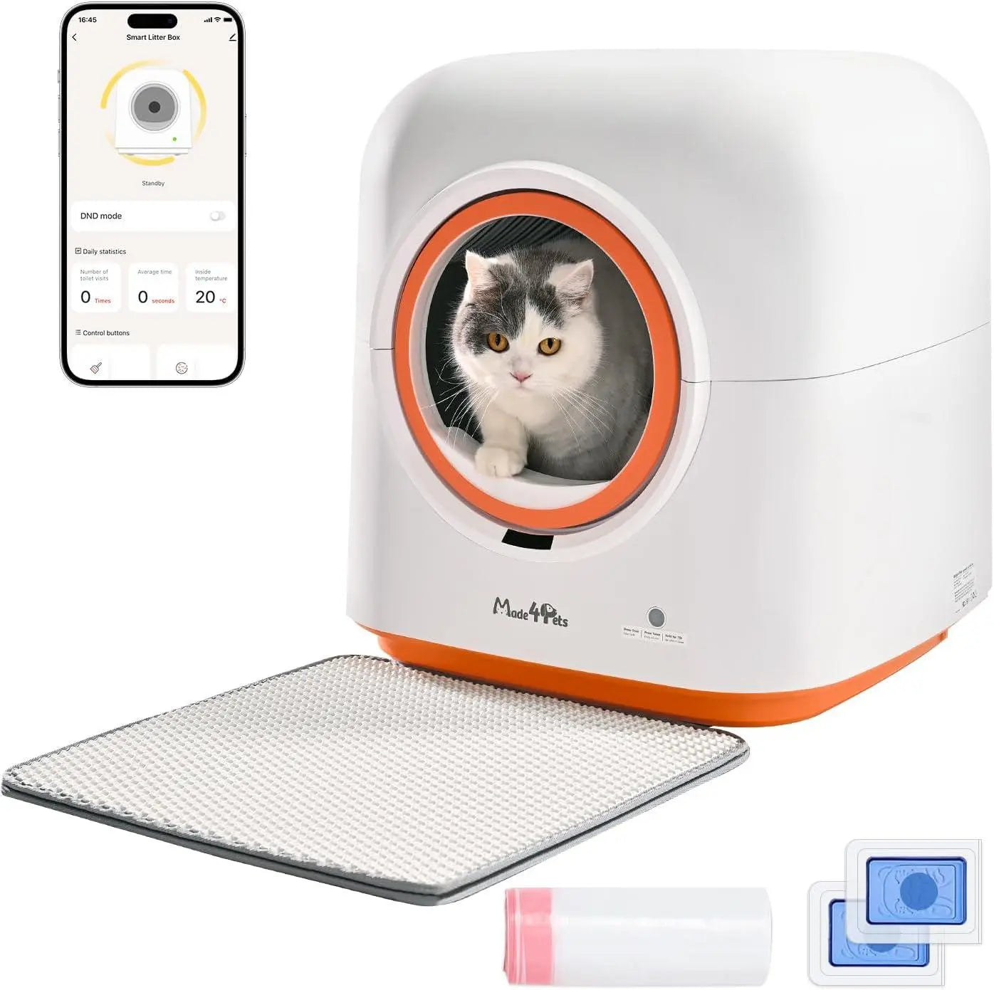White automatic cat litter robot with a wide entrance on a plain background.