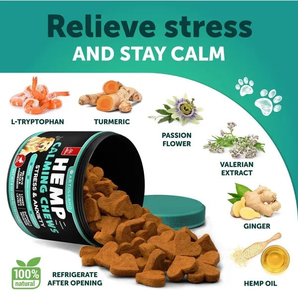 Natural calming chews for dogs with L-tryptophan, turmeric and passion flower — relieve stress and stay calm