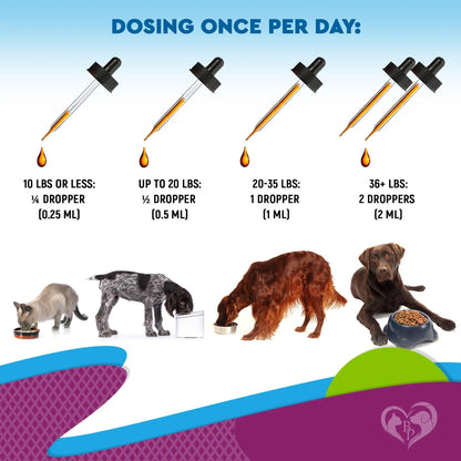 Liquid multivitamin for dogs and cats dosage chart — quarter to 2 droppers daily by weight