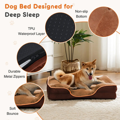 Durable metal zippers and non-slip bottom texture of a brown bolstered pet bed