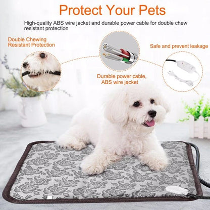 Reinforced chew-resistant power cord for pet safety on a heated warming pad.