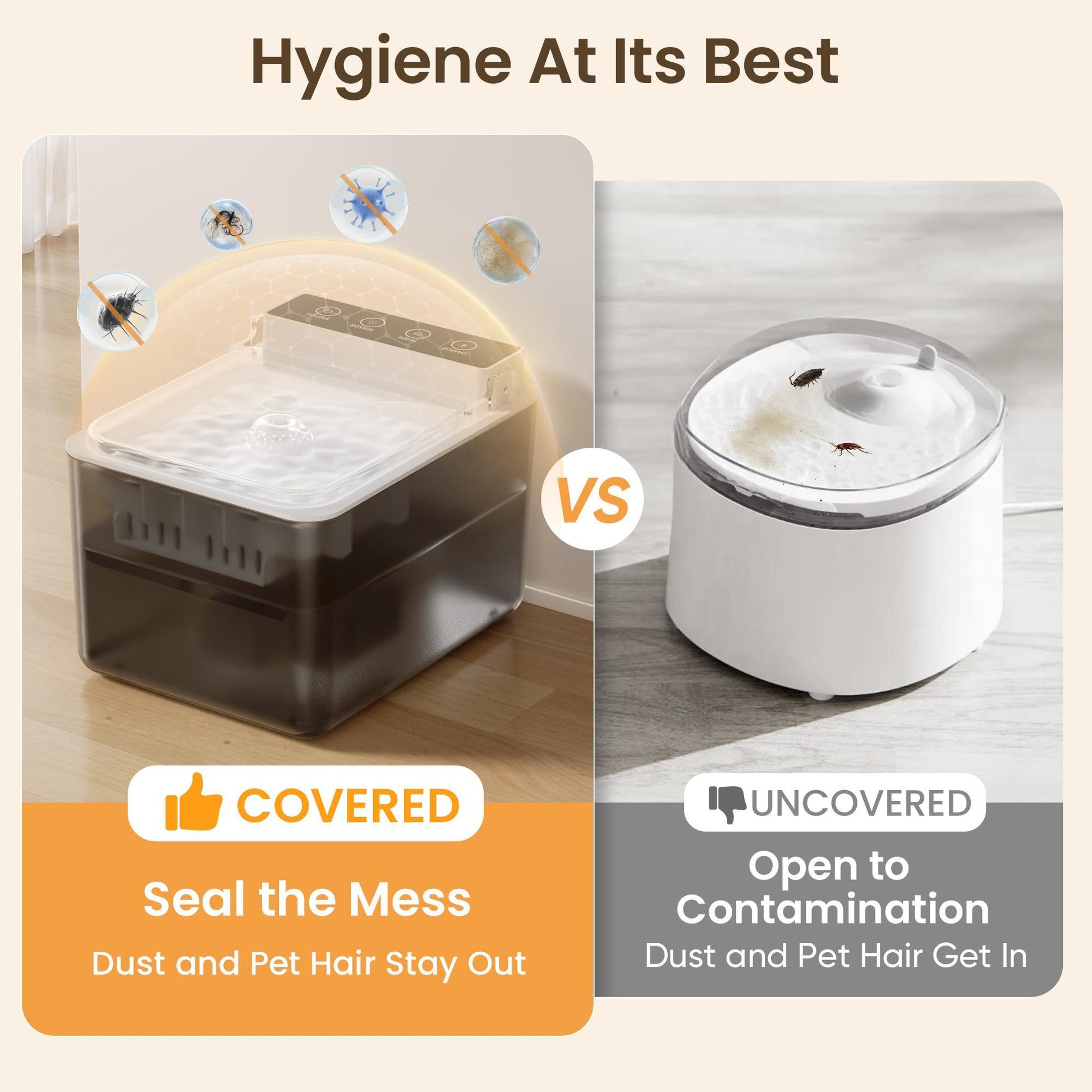 Comparison showing how the covered Aqua-Sense design keeps out dust and hair compared to standard open water bowls