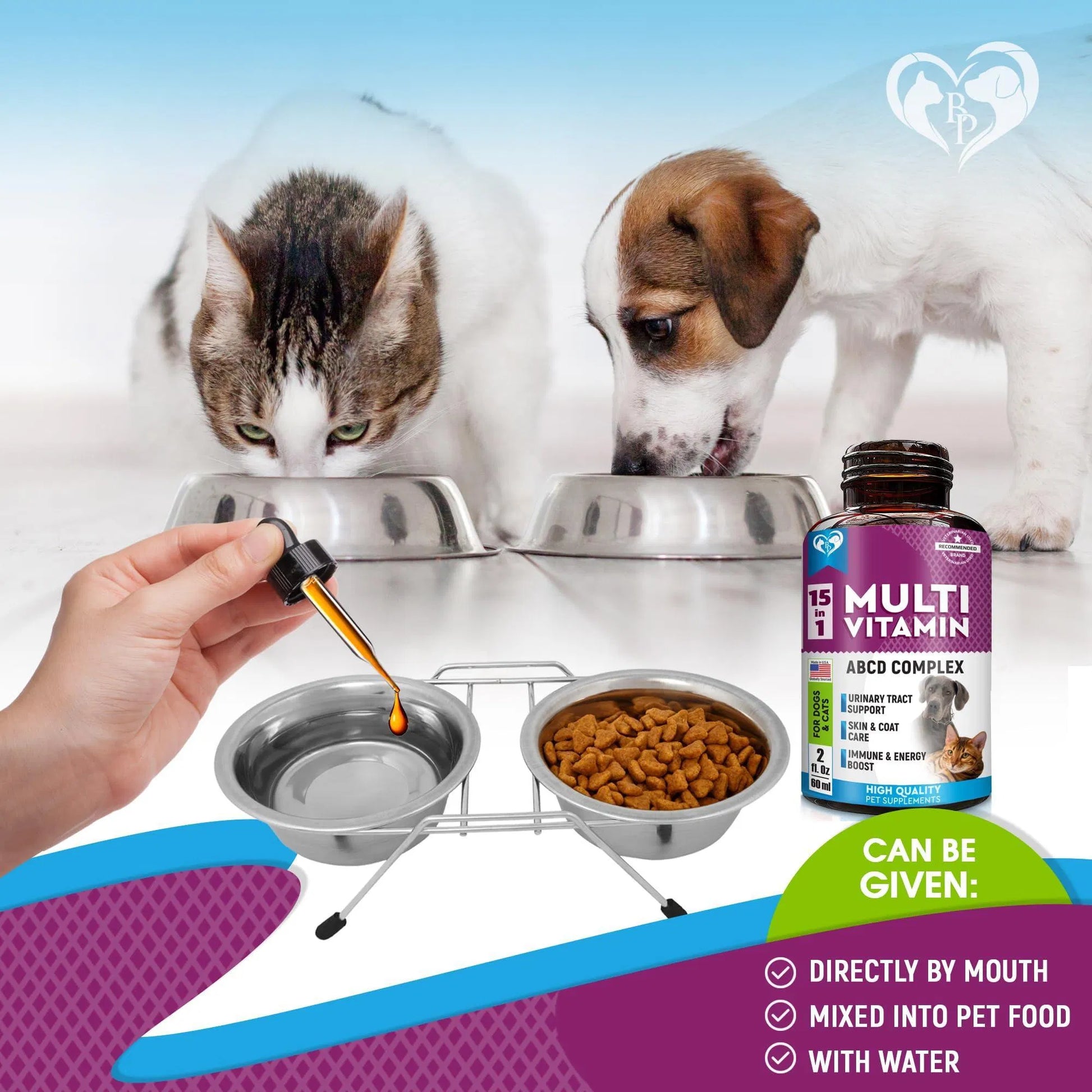 Giving liquid multivitamin to dogs and cats by dropper — can be added to food or given directly by mouth