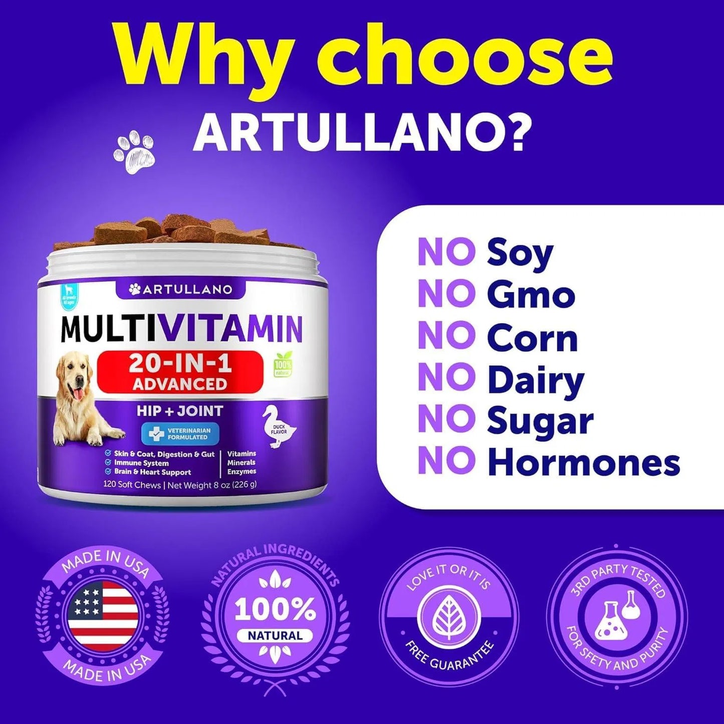 20-in-1 multivitamin for dogs by Artullano — no soy, no GMO, no corn, no dairy, no sugar, no hormones