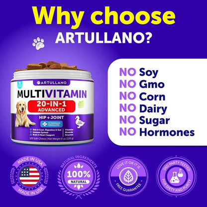 20-in-1 multivitamin for dogs by Artullano — no soy, no GMO, no corn, no dairy, no sugar, no hormones