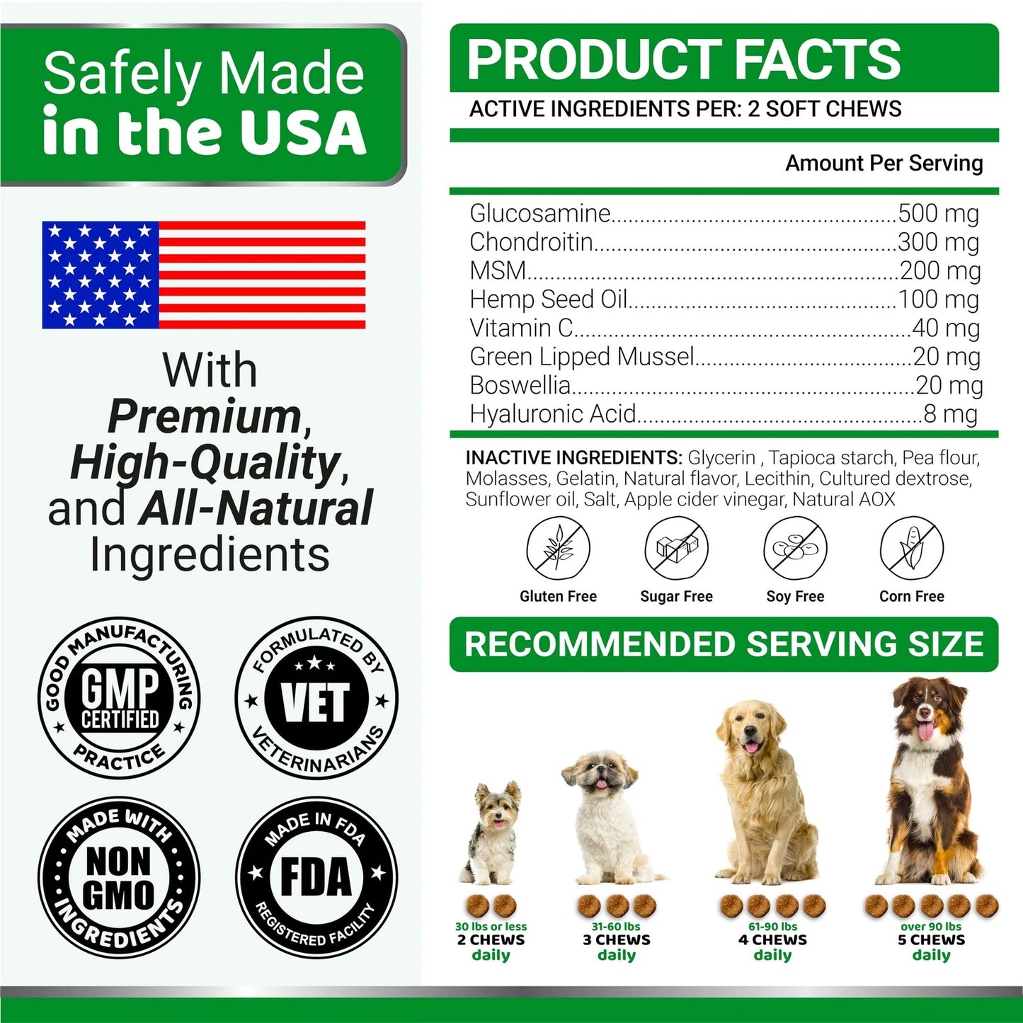 Glucosamine chews for dogs product facts with active ingredients and recommended serving size.