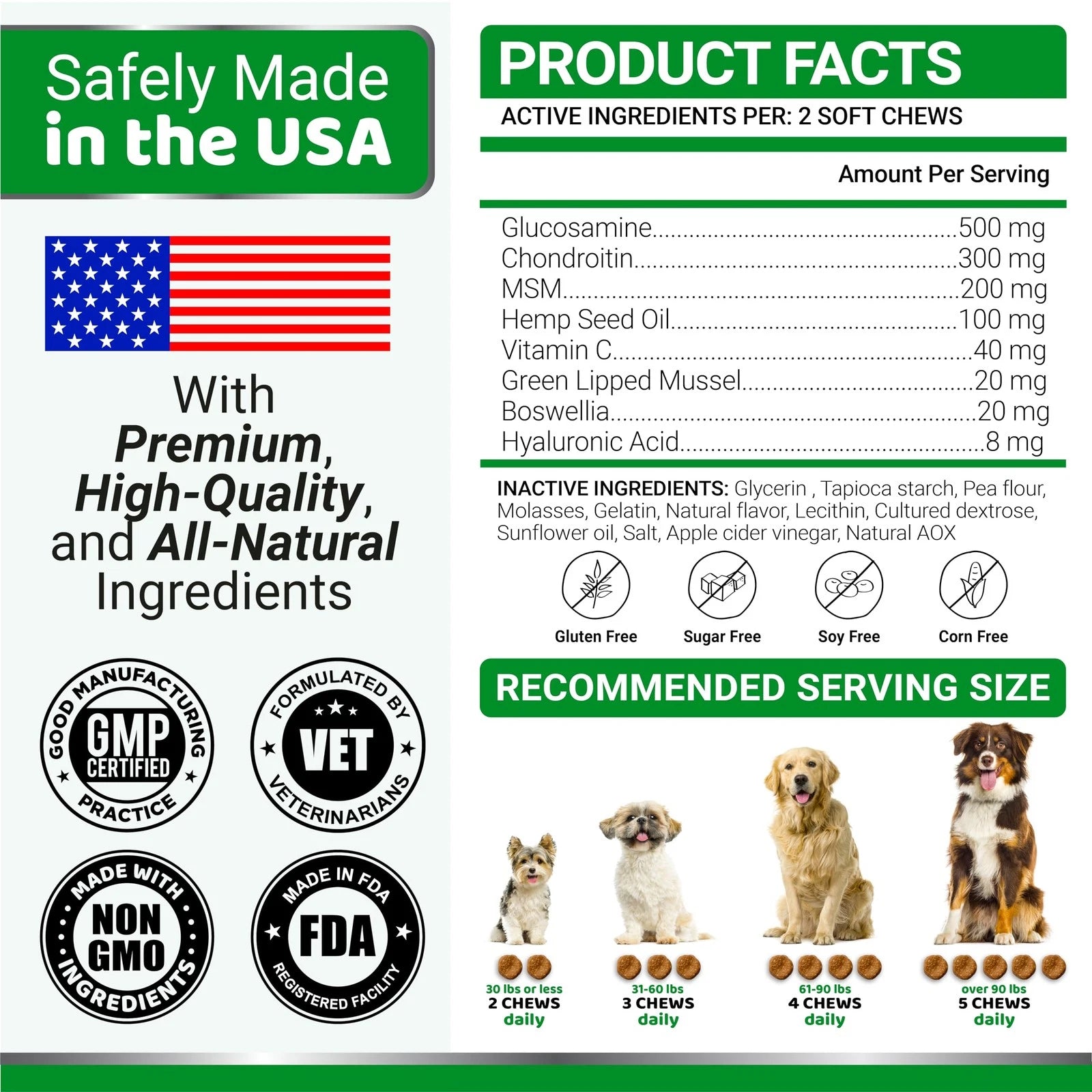 Glucosamine chews for dogs product facts with active ingredients and recommended serving size.
