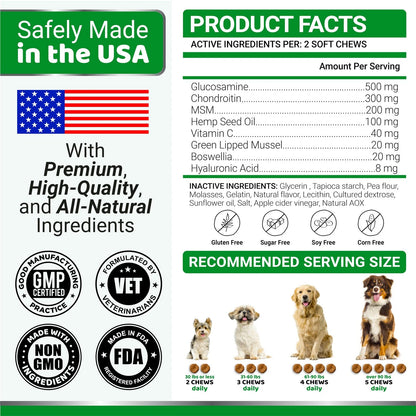 Glucosamine chews for dogs product facts with active ingredients and recommended serving size.