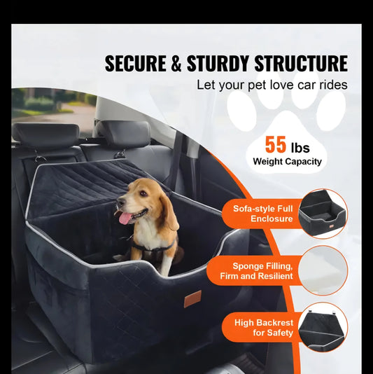 A black Wagisk dog safety booster car seat installed in the rear of a vehicle.