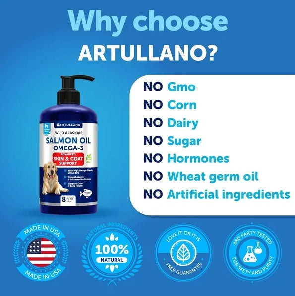 Salmon oil for senior dogs by Artullano — no soy, no GMO, no corn, no artificial additives