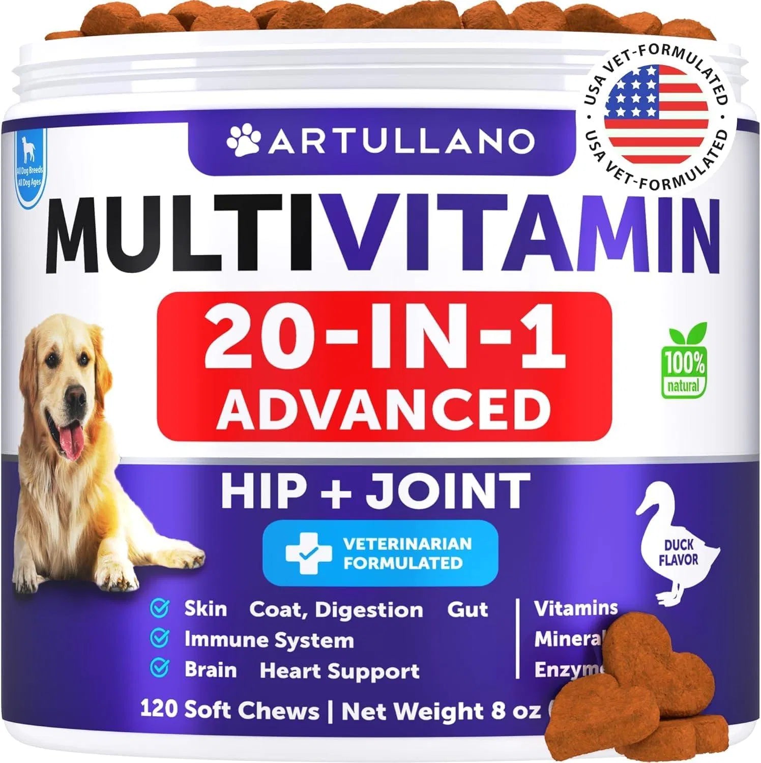 Multivitamin for dogs — Artullano 20-in-1 advanced chewable with glucosamine, hip and joint, 120 soft chews