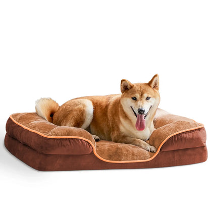 Orthopedic memory foam dog bed for senior dogs — DreamRest™ brown with Shiba Inu