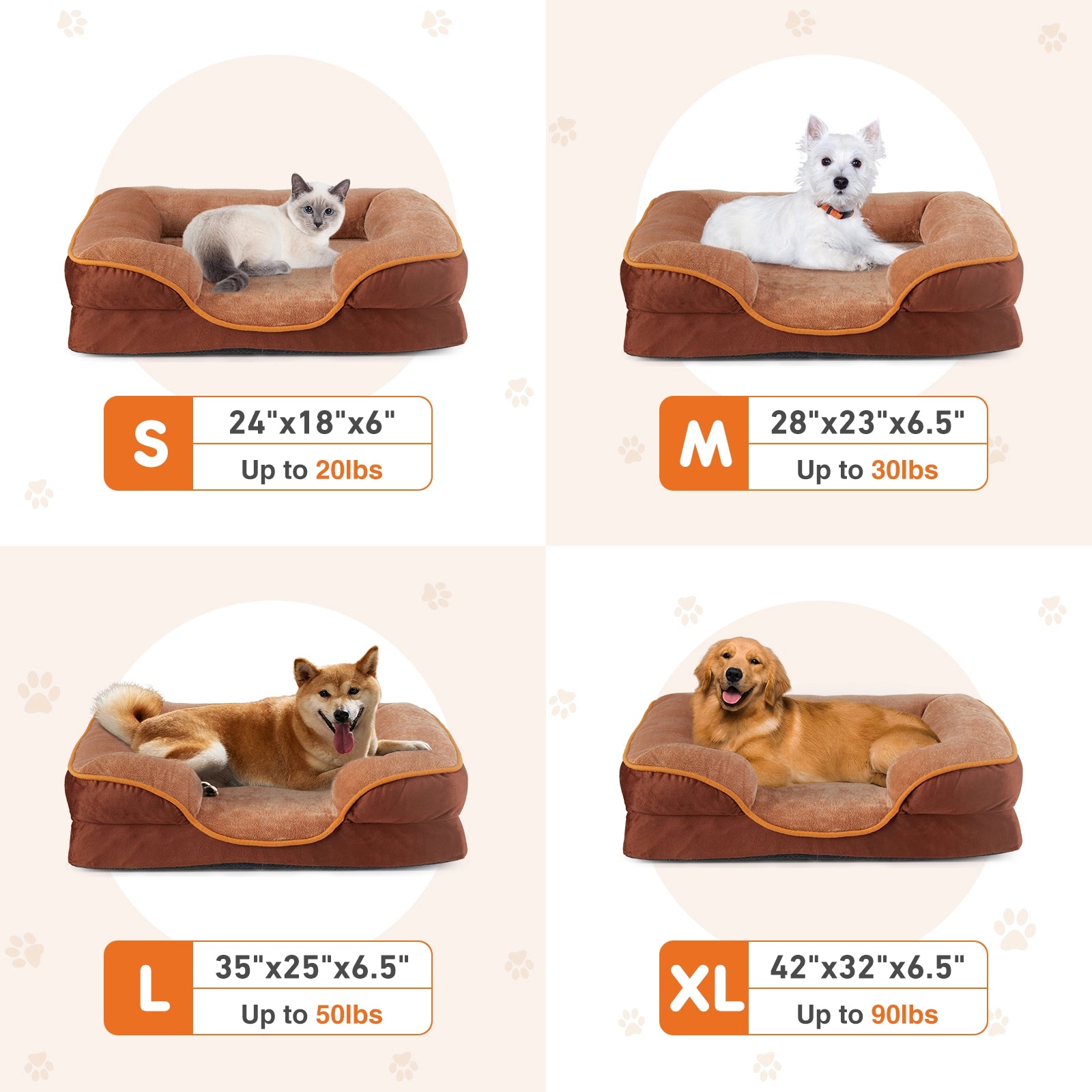 Dimensions and size chart for the orthopedic memory foam dog bed from small to XL