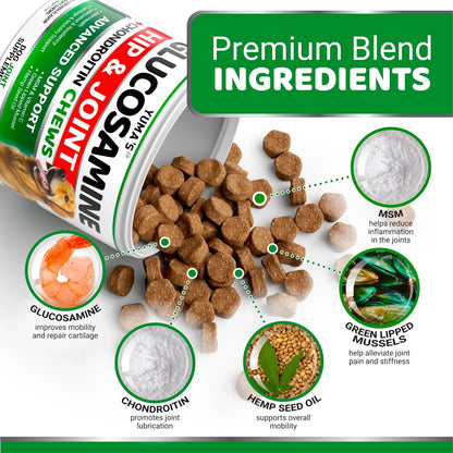 Glucosamine chews for dogs - premium blend ingredients including glucosamine, chondroitin, MSM, and green lipped mussels.