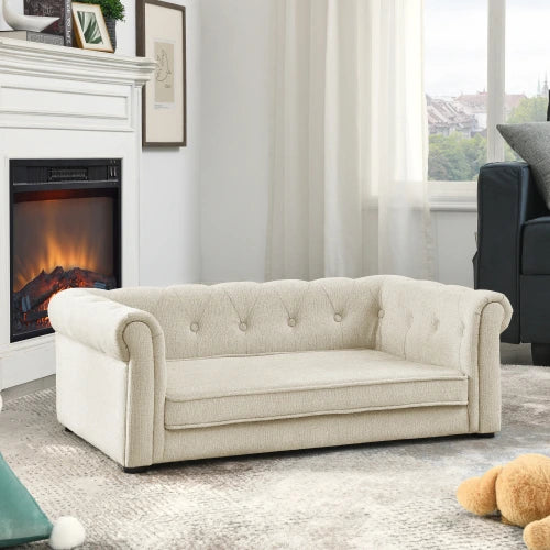 Light beige elevated dog couch placed in a modern living room
