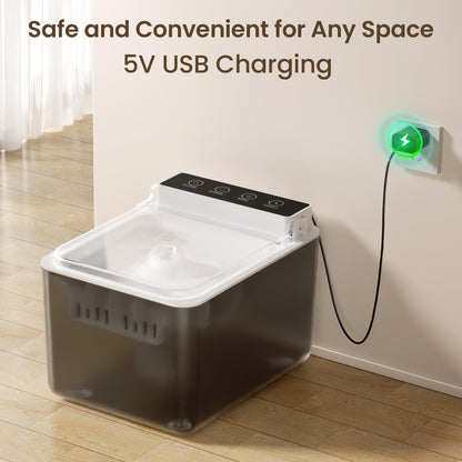 Aqua-Sense pet fountain plugged into a wall outlet using the safe 5V USB-C cable for continuous, battery-free power