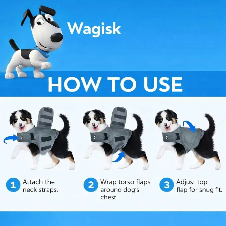 Three step guide showing how to fit the Wagisk anxiety wrap for dogs — attach neck straps, wrap torso flaps, adjust for snug fit